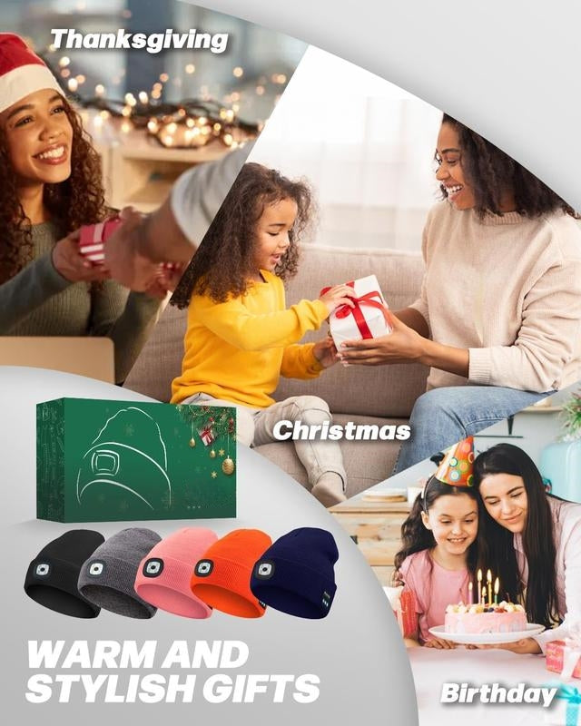 Unisex Bluetooth Beanie with 4 LED Lights & Cordless Headphones – USB Rechargeable Knit Hat