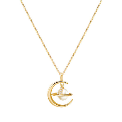 Planet and Moon Pendant Pearl Necklace