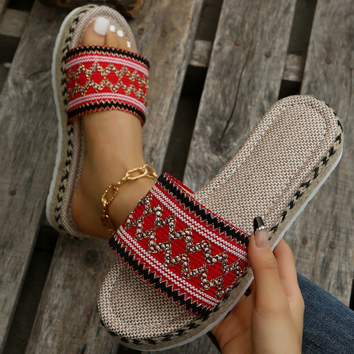 Peep-Toe Wedge Braided Jute Platform Comfortable Slip-On Sandals