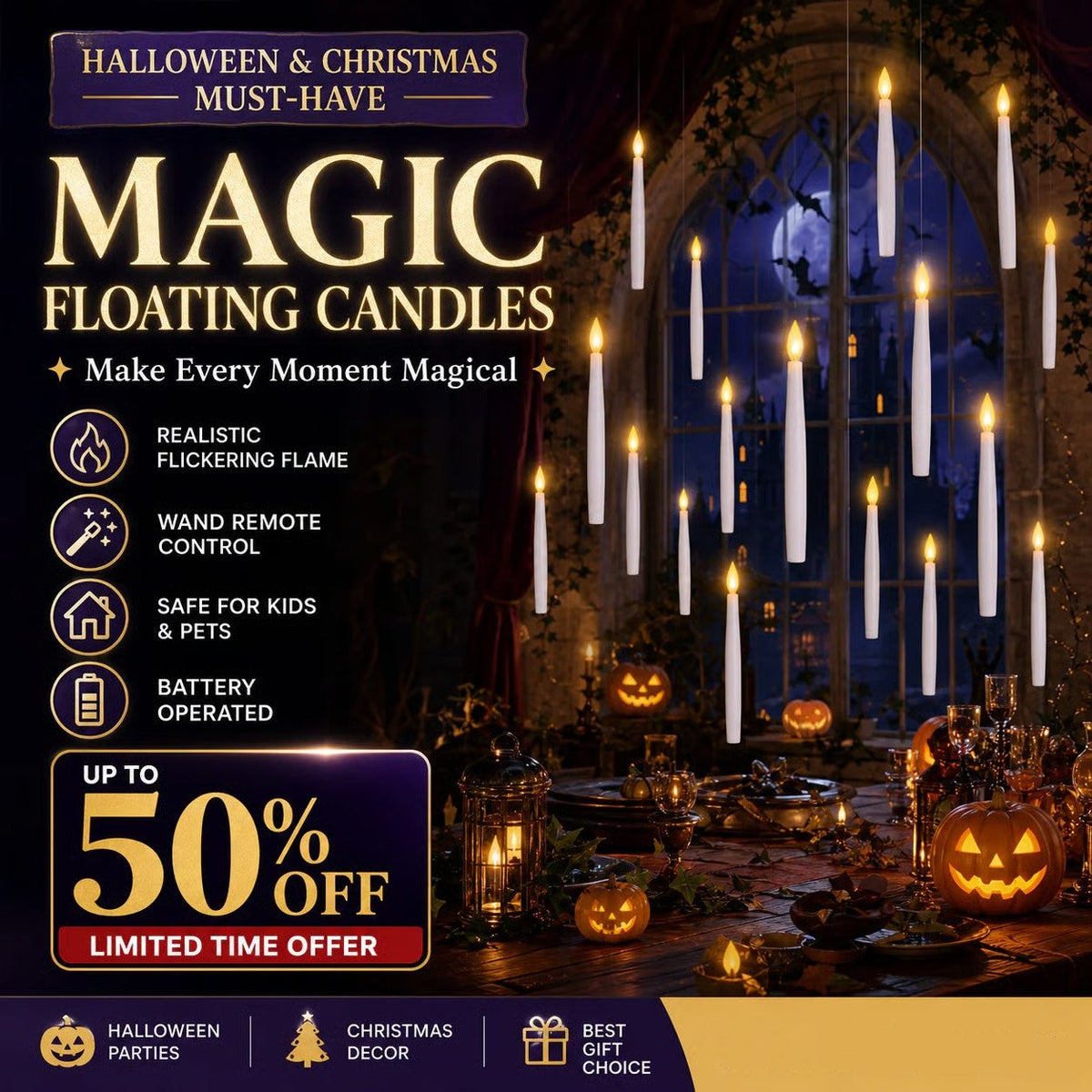 🎃Early Halloween warm-up 50% off!🔮Turn into a magician instantly!🕯️Halloween Decorations-Floating Candles with Wand